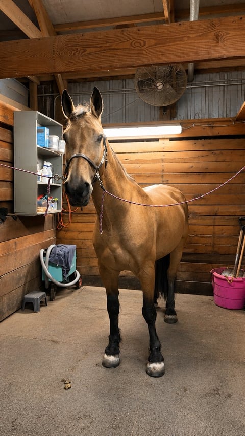 Brown horse wearing halter standing in wooden stable with equipment storage