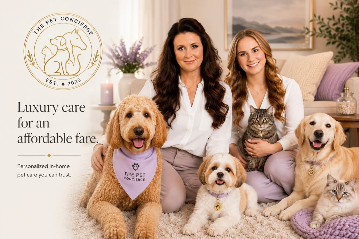 Two women with four pets (three dogs and a cat) in a home setting promoting luxury pet care services