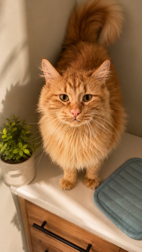 Orange fluffy cat standing on shelf looking at camera with green plant and blue cushion nearby