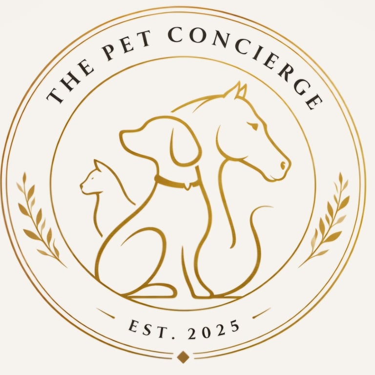 The Pet Concierge logo featuring gold line drawings of a cat, rabbit, and horse in a circle with decorative laurel branches and EST. 2025